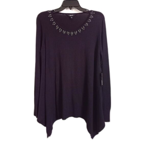 Vera Wang Crystal Beaded Tunic Purple Sweater Black Gray Pullover Long Sleeve L - Picture 7 of 7